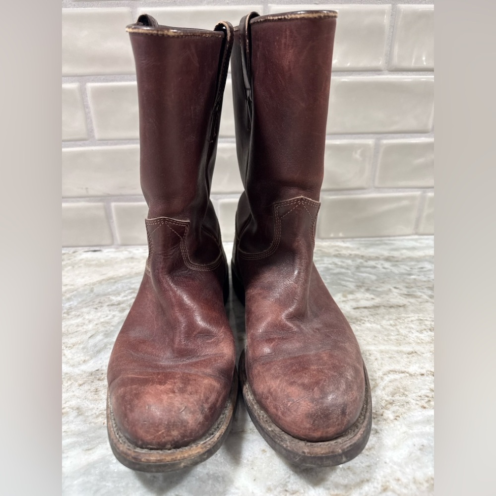 Longhorn Brown Leather Pull-On Boots – Women’s 7.5 Wide (G) Vintage Western